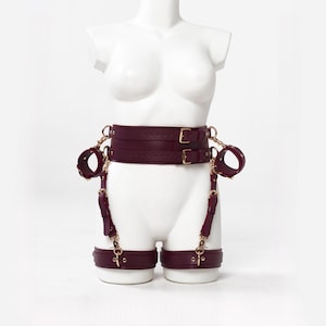 garter belt handcuffs Womens PU Leather Garter Belt+handcuffs Bow Tie Binding W/Garter Belts Wear  Set main image 1