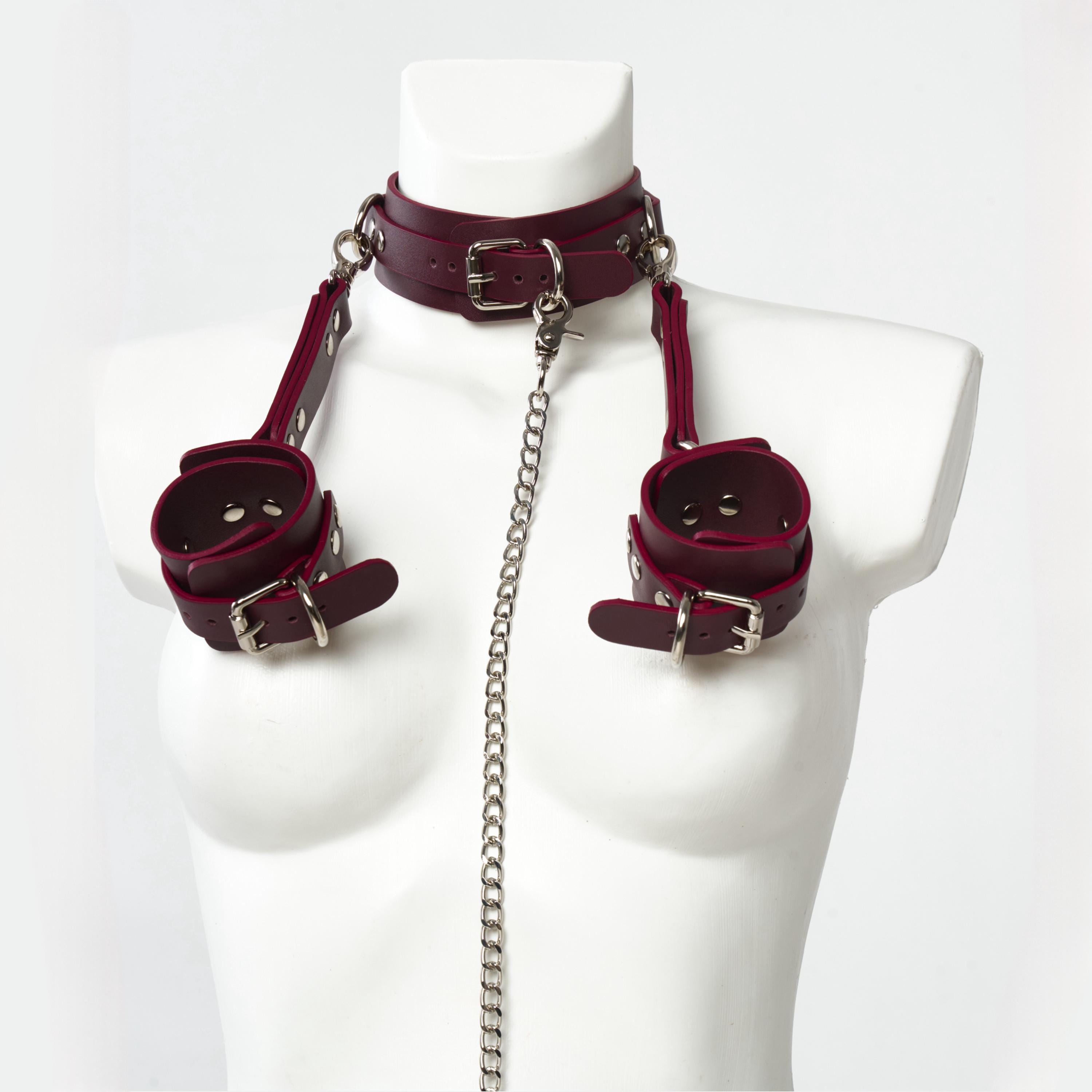 Collar and cuff set, Choker cuffs leather, Burgundy choker, Collar with leash for human, Leather collar leash, Leather cuffs burgundy