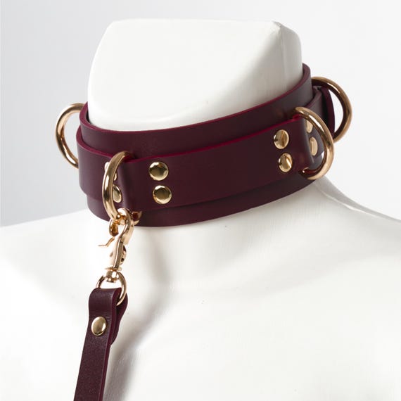 D ring collar human, Leather collar leash, Collar with leash for human, Leather bdsm collar, Burgundy choker, Bondage sub collar