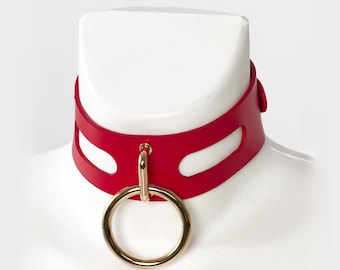 Leather choker o ring, Red collar rave, O ring collar, Leather collar necklace, Petplay collar leather, Dog collar woman leather