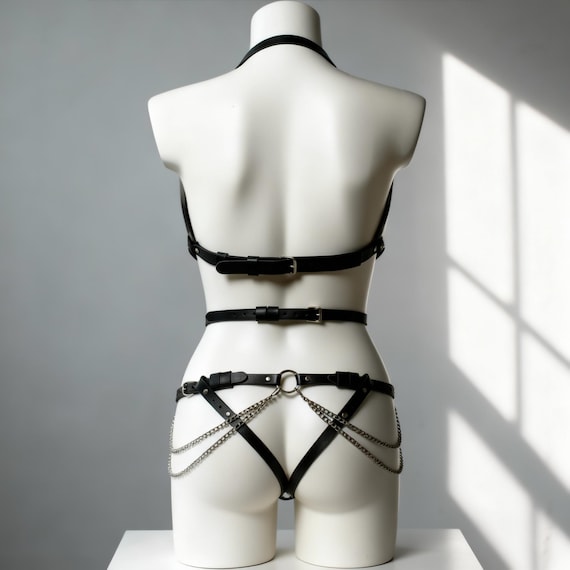 Fullbody harness, Full body bodysuit, Harness bodysuit, Harness with chains, Harness set for women, Leather lingerie set, Harness lingeries