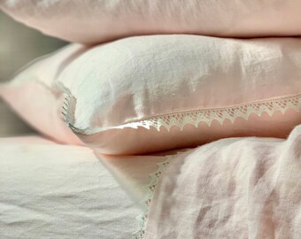 Linen pillowcase with lace trim. White, Natural, Blush Pink or Light Blue. Standard, queen, king, euro sham and custom size pillow cover.