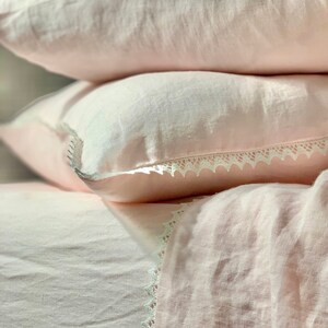 Linen pillowcase with lace trim. White, Natural, Blush Pink or Light Blue. Standard, queen, king, euro sham and custom size pillow cover.