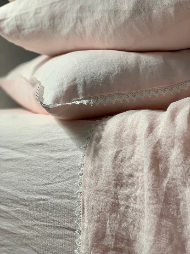 Linen duvet cover with lace trim. White Natural Blush Pink Etsy