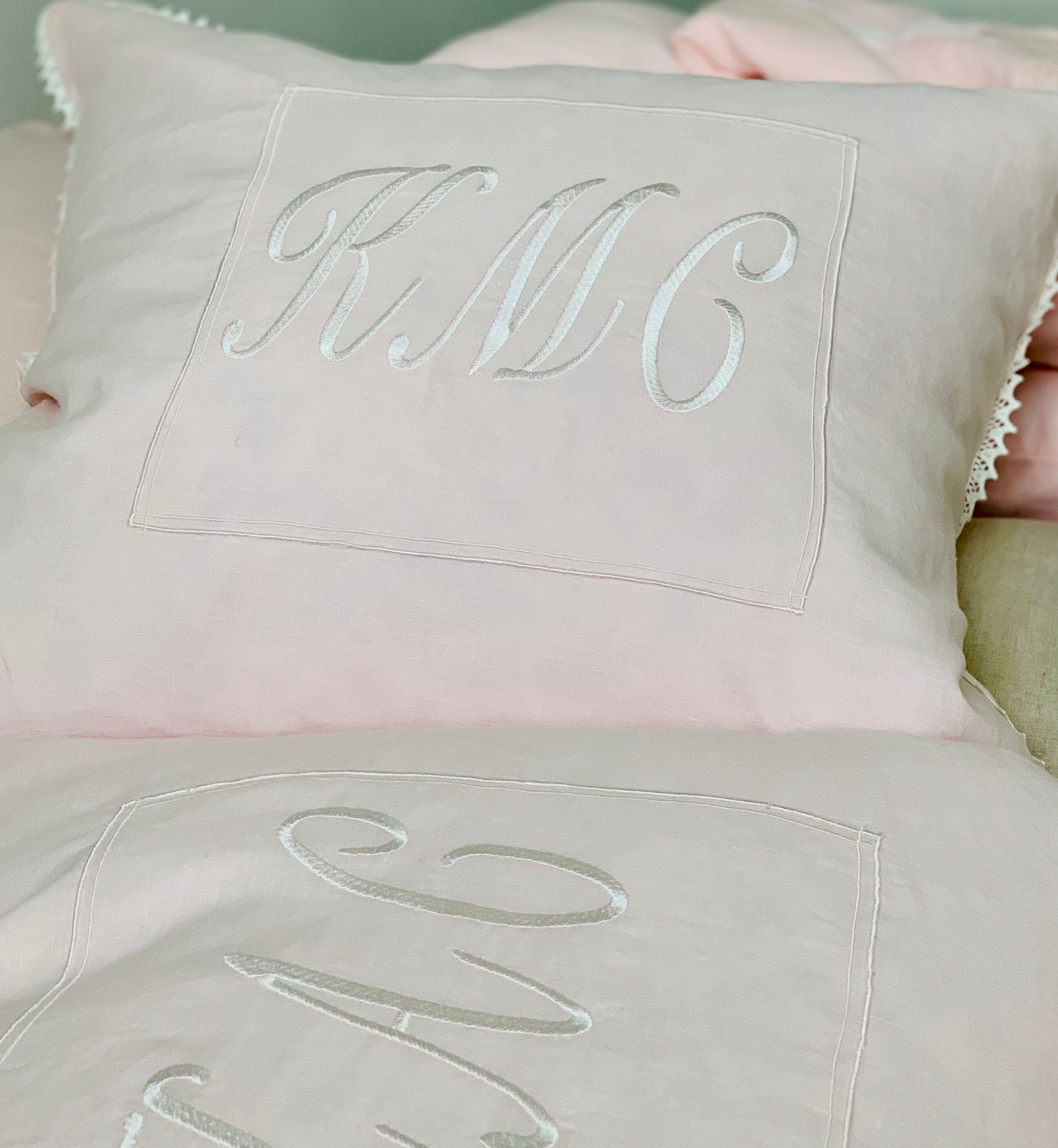 Monogrammed Linen Pillow Sham With Lace Trim. Monogrammed Baby Etsy UK