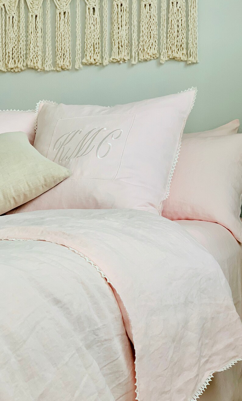 Monogrammed Linen Pillow Sham With Lace Trim. Monogrammed Baby Etsy