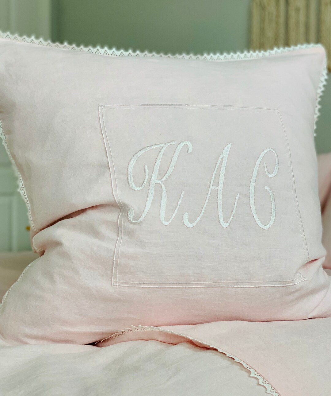 Monogrammed Linen Pillow Sham With Lace Trim. Monogrammed Baby Etsy UK