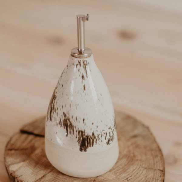 Ceramic olive oil dispenser. oil bottle pourer pottery. ceramic olive or vinegar bottle. White with black speckle glaze.