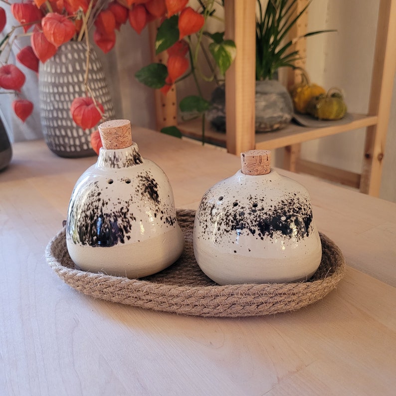 Ceramic Salt and Pepper Shakers set with jute basket. Pottery salt and pepper shakers. stoneware salt and pepper shakers. image 3