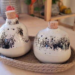 Ceramic Salt and Pepper Shakers set with jute basket. Pottery salt and pepper shakers. stoneware salt and pepper shakers. image 6