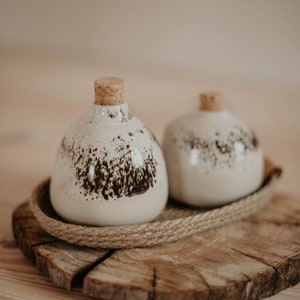 Ceramic Salt and Pepper Shakers set with jute basket. Pottery salt and pepper shakers. stoneware salt and pepper shakers. image 1