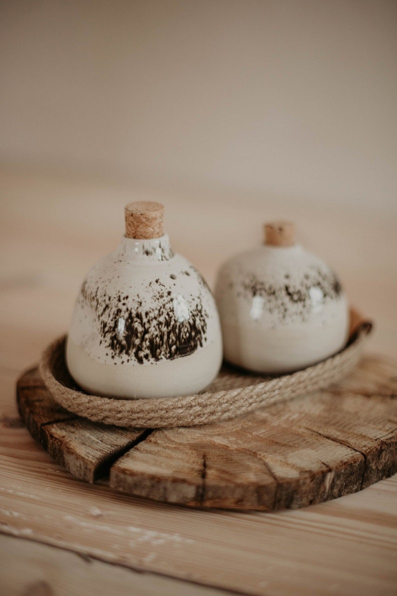 Ceramic Salt and Pepper Shakers set with jute basket. Pottery salt and pepper shakers. stoneware salt and pepper shakers. image 1