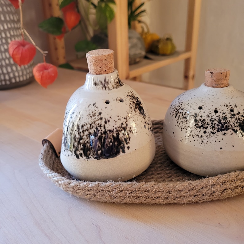 Ceramic Salt and Pepper Shakers set with jute basket. Pottery salt and pepper shakers. stoneware salt and pepper shakers. image 7