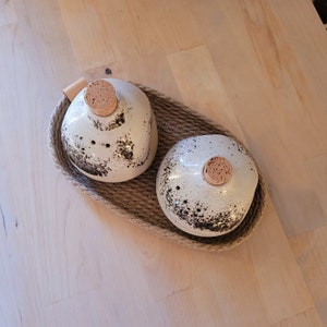 Ceramic Salt and Pepper Shakers set with jute basket. Pottery salt and pepper shakers. stoneware salt and pepper shakers. image 5