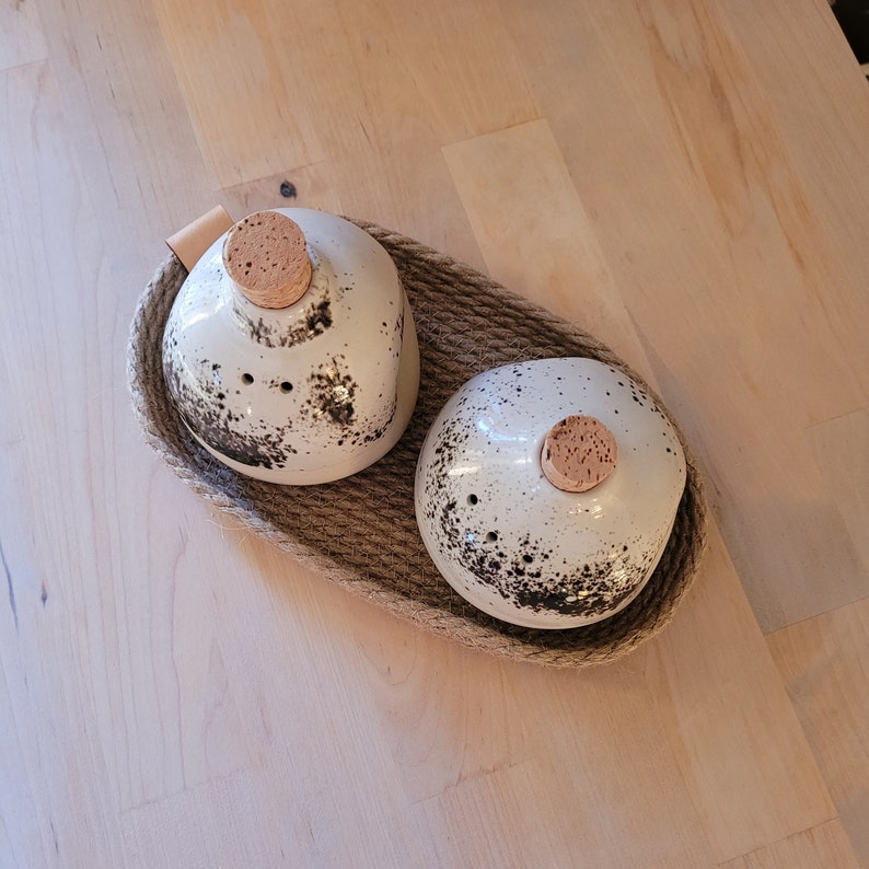 Ceramic Salt and Pepper Shakers set with jute basket. Pottery salt and pepper shakers. stoneware salt and pepper shakers. image 5