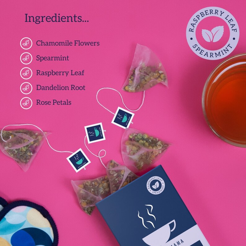 May include: A pink background with a variety of tea bags, a cup of tea, and a box of tea. The tea bags are labeled with the ingredients: chamomile flowers, spearmint, raspberry leaf, dandelion root, and rose petals. The box is labeled "Raspberry Leaf Spearmint" and "VAMA".