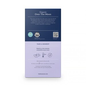 May include: A blue box of organic Over The Moon tea with a label that says "You may not feel over the moon, but this blend of raspberry leaf, whole chamomile flowers, rose petals, spearmint and dandelion root combine to create a hug in a mug in response to life's monthly challenges." The box also has a Nourish logo, a GB-ORG-04 certification, and a QR code.
