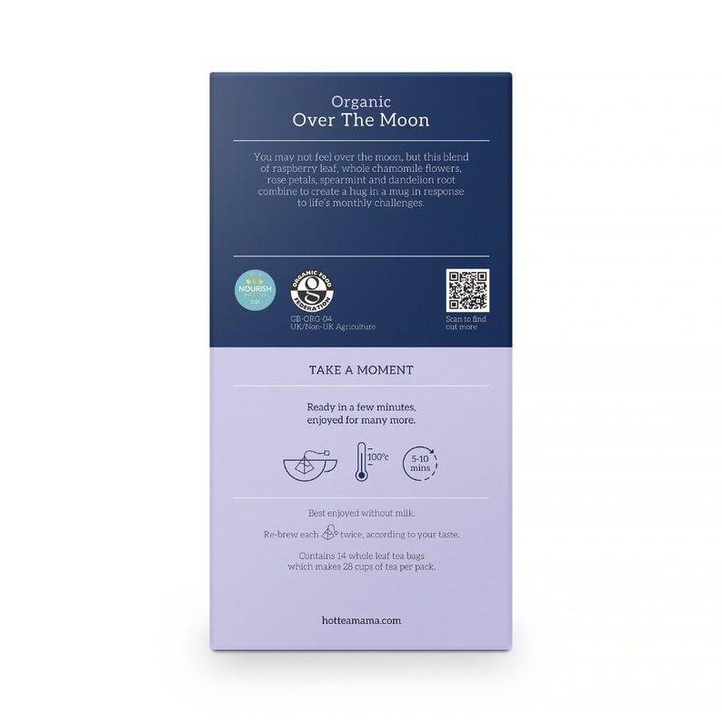 May include: A blue box of organic Over The Moon tea with a label that says "You may not feel over the moon, but this blend of raspberry leaf, whole chamomile flowers, rose petals, spearmint and dandelion root combine to create a hug in a mug in response to life's monthly challenges." The box also has a Nourish logo, a GB-ORG-04 certification, and a QR code.