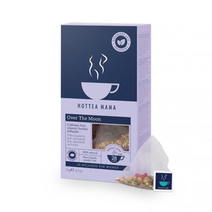 May include: A box of 28 caffeine-free organic herbal tea bags called "Over The Moon" by Hottea Mama. The tea is a blend of raspberry leaf, chamomile, rose, spearmint, and more. The box is purple and blue with a white cup and steam coming from it. The tea bags are individually wrapped in white paper.