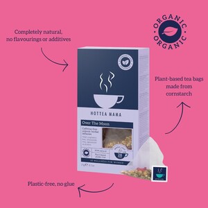 May include: A box of Over The Moon caffeine-free organic herbal tea bags from Hottea Mama. The box is blue and white with a picture of a teacup and tea bag. The text on the box says "Plant-based tea bags made from cornstarch" and "Plastic-free, no glue".
