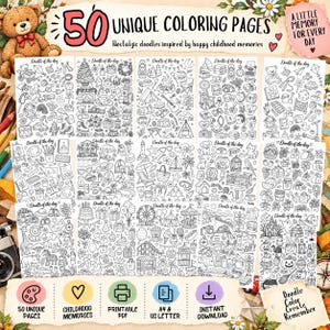Könnte beinhalten: Eine digitale Sammlung von 50 einzigartigen Ausmalbildern mit schwarz-weißen Strichzeichnungen zu Kindheitsthemen. Die Seiten enthalten Illustrationen von Spielzeug, Natur, Feiertagen und Tieren, mit dem Text 50 UNIQUE COLORING PAGES.