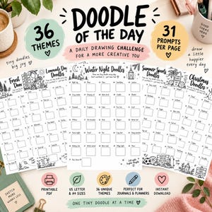 Puede incluir: Una colección de hojas de desafío de dibujo imprimibles tituladas Doodle of the Day, con 36 temas y 31 sugerencias por página. Las hojas de papel blanco incluyen ilustraciones de líneas negras y casillas numeradas.