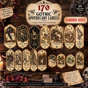 May include: A collection of 170 printable apothecary labels featuring vintage-style illustrations of botanical, skeletal, and insect specimens. The labels include text such as The Black Oracle, Claw & Thorn, Moth Shadow, Night Pollinator, Unearthed, Dust of Ages, and Temporal Fragment.