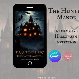 May include: A smartphone displaying an interactive Halloween invitation titled The Hunted Manor. The screen shows a dark, spooky castle with glowing orange windows under a full moon, with text reading Dare to Enter? The Castle Awaits... Tap it to enter.