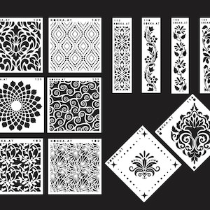 Könnte beinhalten: Ein Set mit 12 weißen Kunststoff-Schablonen mit verschiedenen filigranen Designs, darunter florale, geometrische und abstrakte Muster. Die Schablonen eignen sich perfekt zum Basteln, Malen und Dekorieren.