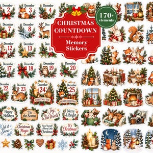 Könnte beinhalten: Eine Sammlung von über 170 Weihnachts-Countdown-Aufklebern mit Illustrationen von Waldtieren, festlichem Grün, Weihnachtsdekorationen und Texten wie December 2 bis 25, Christmas Eve und Merry Christmas.