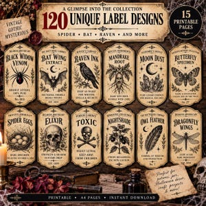 Op de afbeelding: Een verzameling van 120 printbare labelontwerpen met vintage-stijl illustraties van spinnen, vleermuizen, raven, mandrakewortels, schedels en insecten. Elk rechthoekig label heeft een decoratieve rand en tekst die diverse apothekersitems beschrijft.