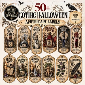 Può includere: Una collezione digitale di oltre 50 etichette da speziale gotiche per Halloween con illustrazioni di boccette di pozioni, erbe e oggetti mistici. Ogni etichetta include testi descrittivi come Witch's Brew, Dragon Blood e Raven Feather.