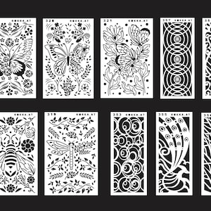 May include: A set of 10 black and white laser cut stencils featuring various designs, including butterflies, bees, dragonflies, and abstract patterns. The stencils are labeled with numbers and the website "kokka.at".