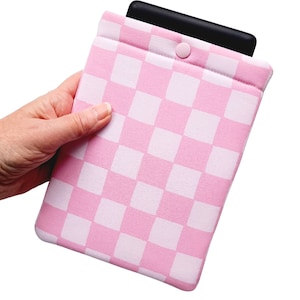 Pink Checkered Kindle Sleeve with Snap: Fabric E-Reader Case, Coquette Aesthetic