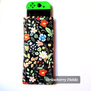 Nintendo Switch case or Switch Lite case for women, Padded OLED Switch pouch, Pretty carrying case with secure snap, Several fabric choices Strawberry Fields