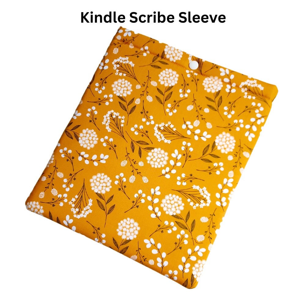 Kindle Scribe Case/ Padded Kindle Scribe Sleeve/ Kindle Scribe Cover With  Snap Closure/ Mustard Yellow Print/ Scribe Pouch With Snap Button 