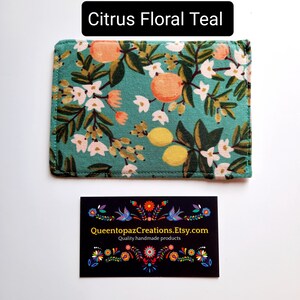 Vaccination Card Holder, choose 3x4 or 3.5x4.25. Firm Vaccine card wallet, vaccine card protector, made with Rifle Paper Co. fabric. Citrus Floral Teal