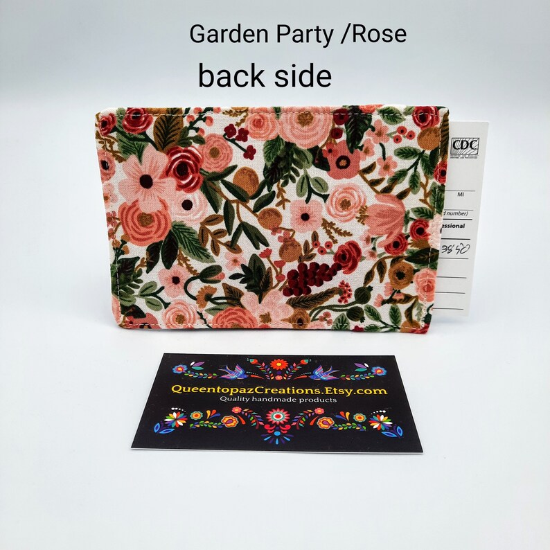 Vaccination Card Holder, choose 3x4 or 3.5x4.25. Firm Vaccine card wallet, vaccine card protector, made with Rifle Paper Co. fabric. Garden Party/Rose