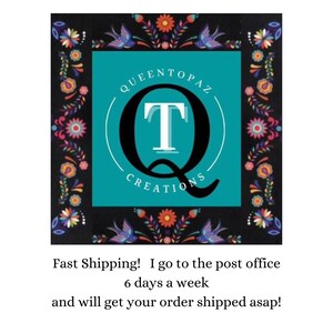May include: A square logo featuring a teal center with a large black letter Q and a white letter T inside. The text QUEENTOPAZ CREATIONS is arched around the letters. A black border surrounds the center with colorful floral and bird patterns.
