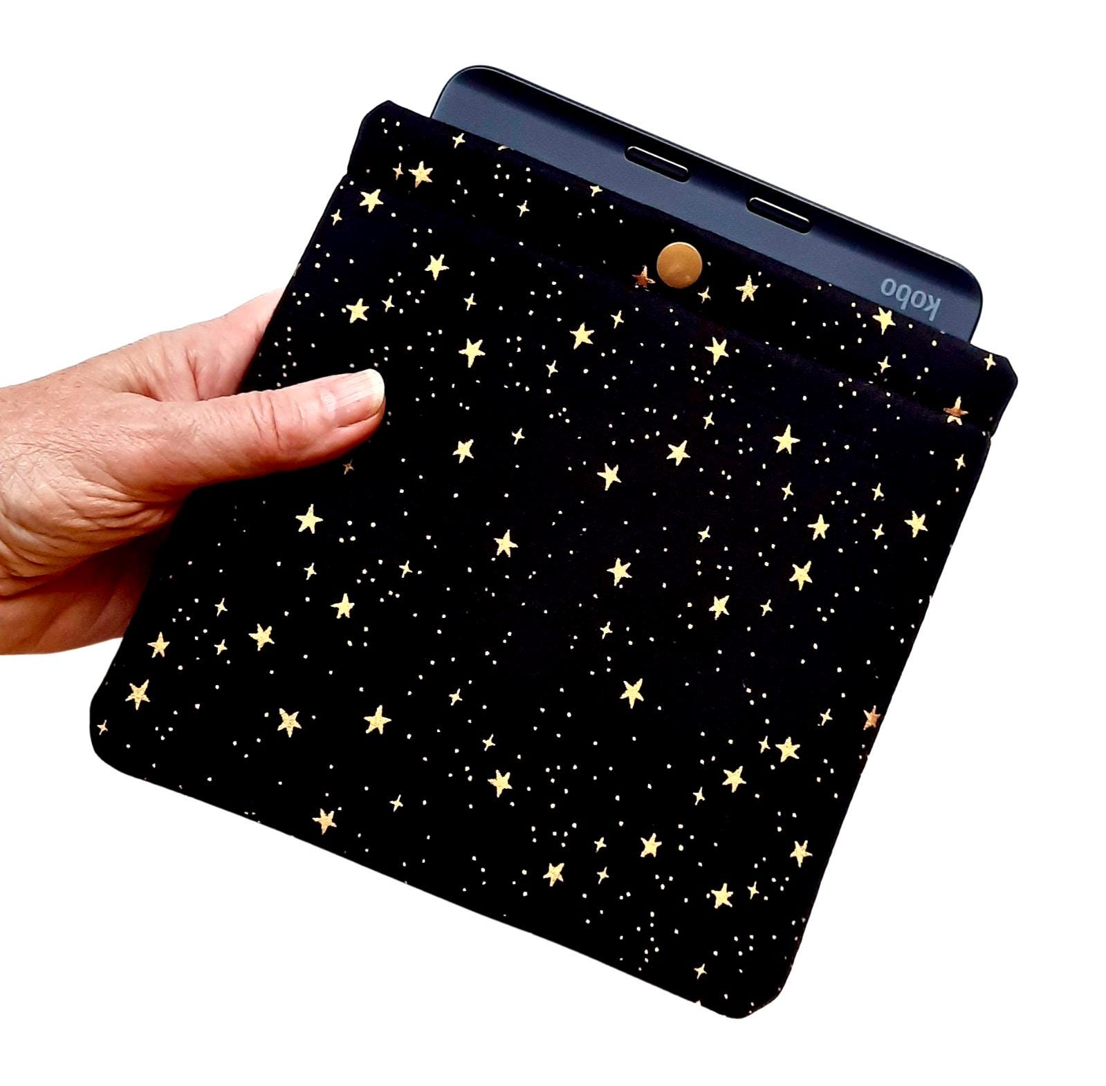 Black & Gold Stars Kobo Sleeve: Padded E-Reader Case with Snap Closure, Halloween Libra Fabric Cover