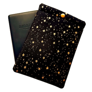 Halloween Kindle Sleeve with Snap, Rifle Paper Co. Black with Gold Stars Soft Pouch, Handmade by QueentopazCreations  E-Reader Protection