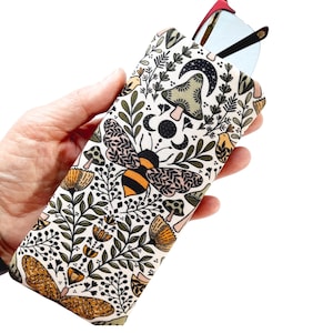 Eyeglasses case, sunglasses case, padded with thick foam to protect your eyewear, made with Bee, Moth and mushroom fabric, Stocking stuffer