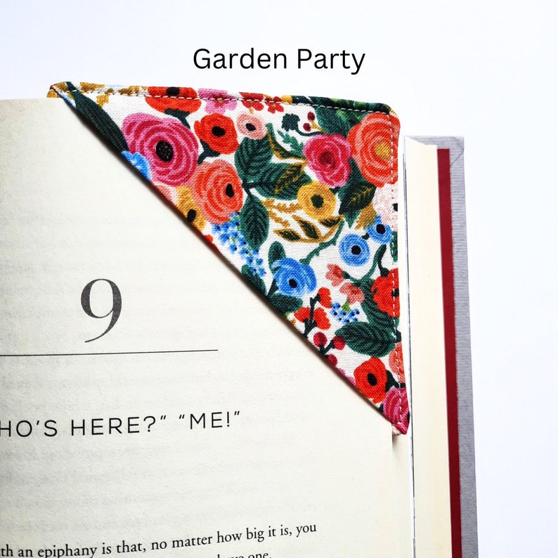 Corner bookmark made with popular Rifle Paper Company fabric, cute gift for any book lover, Mother's Day gift, reading gift, Teacher gift Garden Party