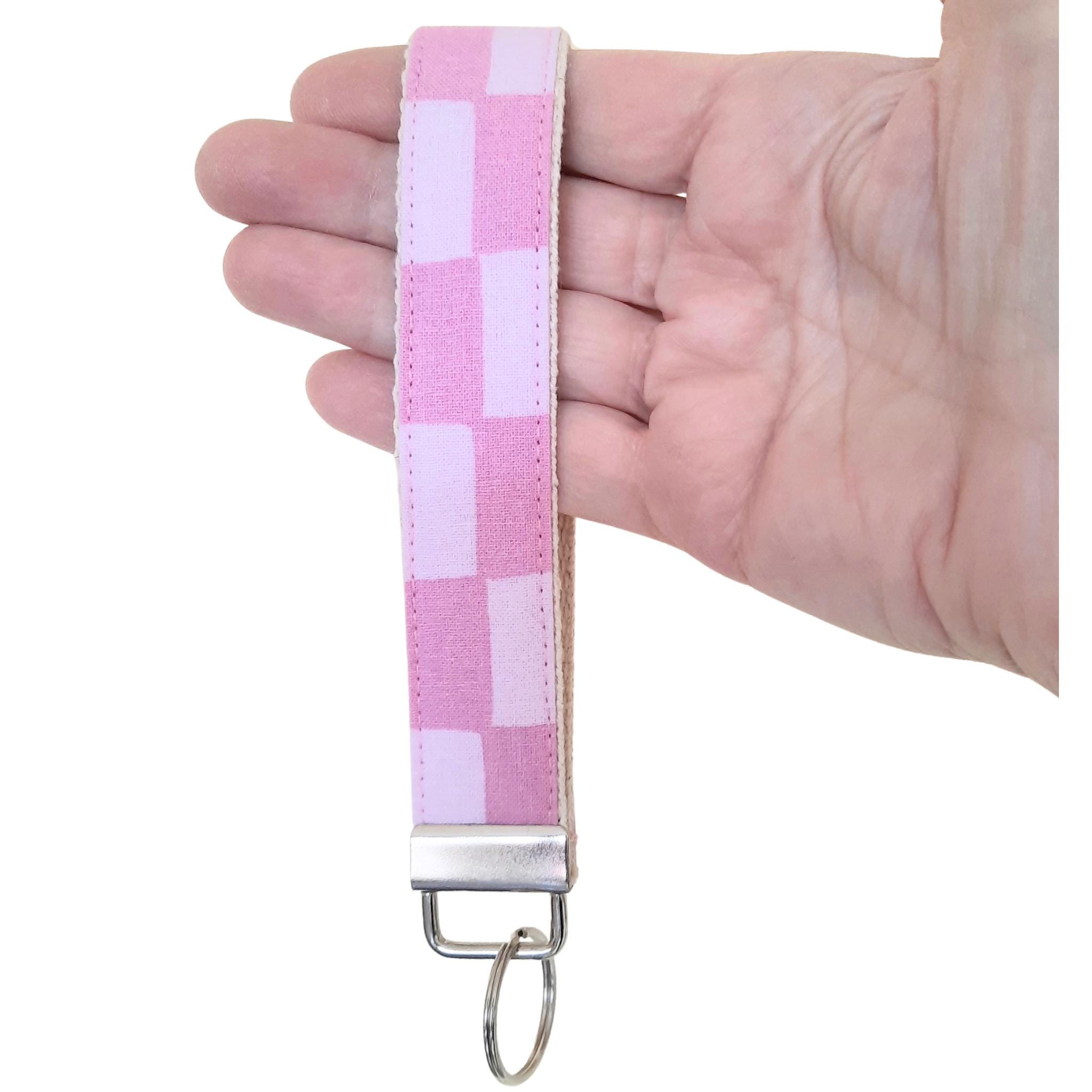 Pink checkered Key Fob wristlet, coquette key wristlet, fabric keychain, heavy duty key fob, girly keychain, gift for daughter, friend.