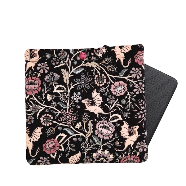 Padded Kobo Sleeve: Dragon Floral Print E-reader Case with Snap Closure