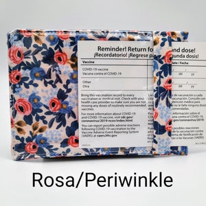 Vaccination Card Holder, choose 3x4 or 3.5x4.25. Firm Vaccine card wallet, vaccine card protector, made with Rifle Paper Co. fabric. Rosa/Periwinkle