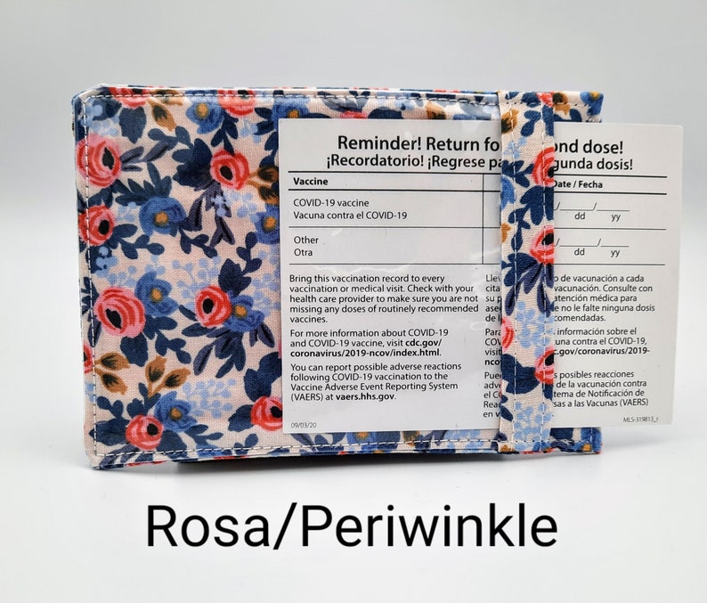Vaccination Card Holder, choose 3x4 or 3.5x4.25. Firm Vaccine card wallet, vaccine card protector, made with Rifle Paper Co. fabric. Rosa/Periwinkle
