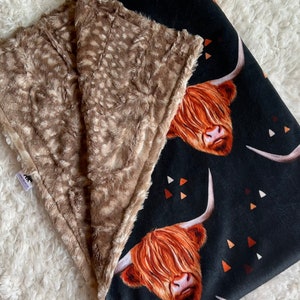 Personalized Highland cow baby blanket, pick your own backing, customize modern blanket, fawn minky security blanket, cute boho highland cow