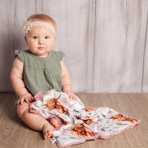 Personalized Minky Baby Blanket: Floral Highland Cow, Boho Nursery Gift Set Lovey - 17”X17”