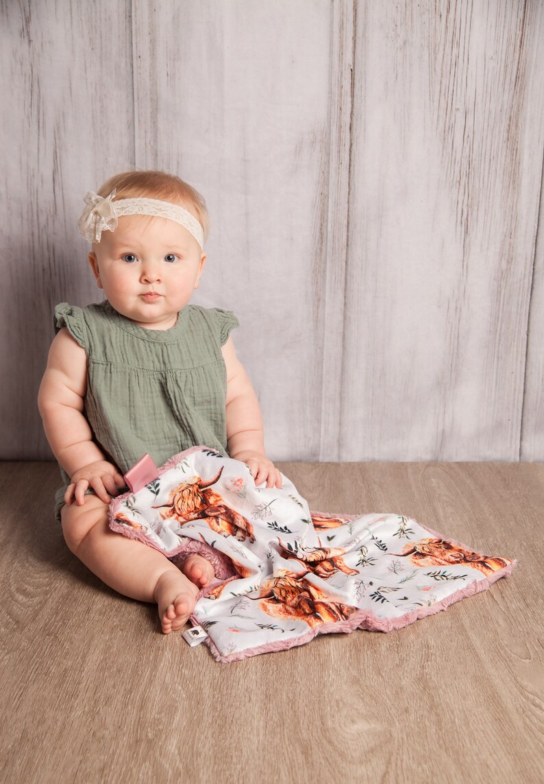 Personalized Minky Baby Blanket: Floral Highland Cow, Boho Nursery Gift Set Lovey - 17”X17”